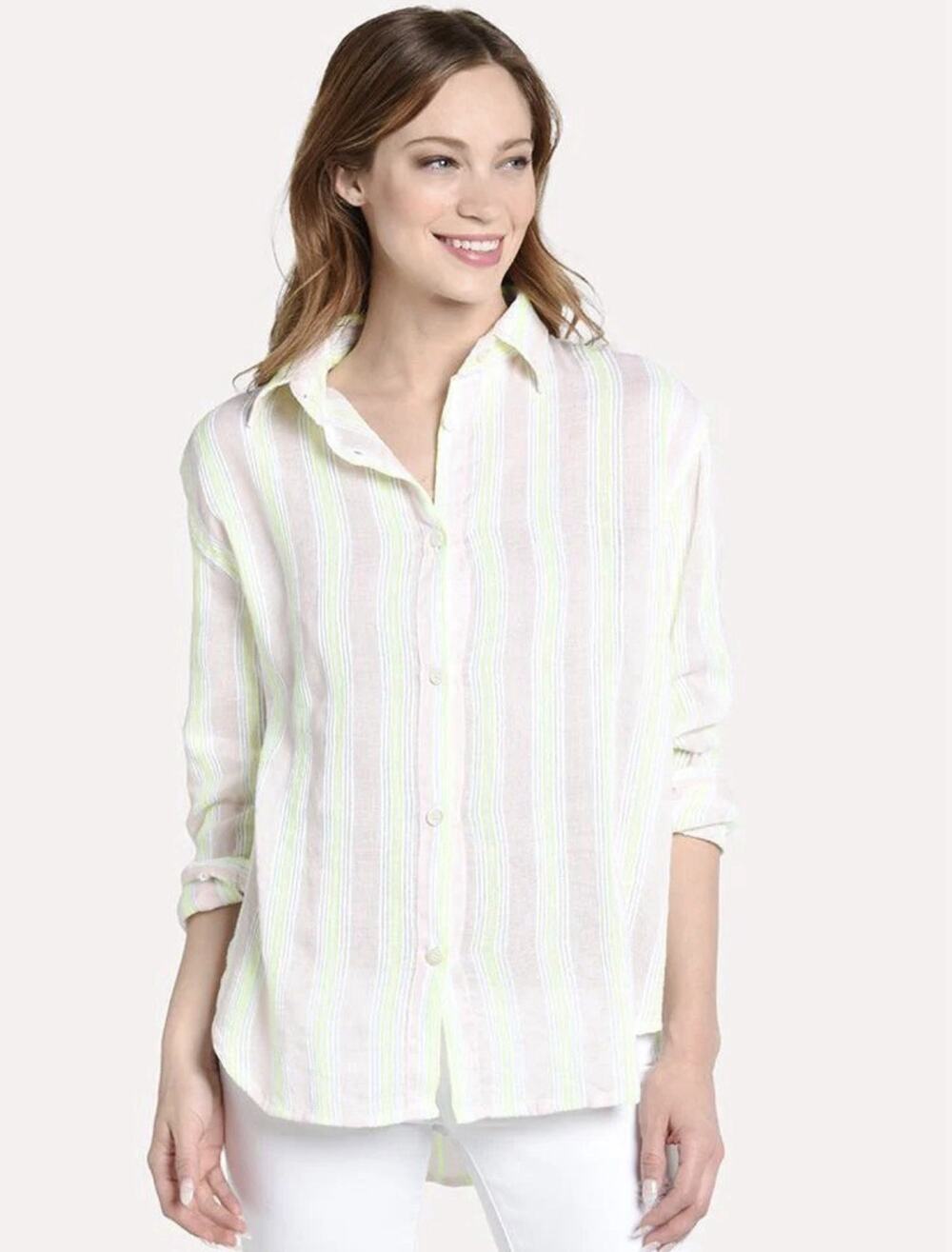 Lemlem Women's White Blue Print Cotton Blend Button Down Coverup Shirt Top M